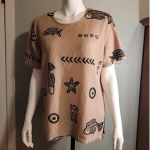 Vtg 80s Vejaiz Crinkle Gauze Shirt Fish Print Shoulder Pads Oversized Boxy Top